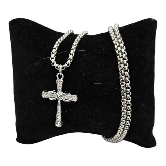 Rhinestone Infinity Cross Pendant Women's Silver Stainless Steel Necklace Gift - Picture 9 of 9